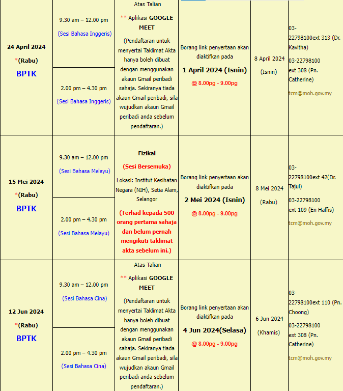 2024年3月-6月份的TAKLIMAT AKTA PT&K 2016 (AKTA 775) 线上法令讲座